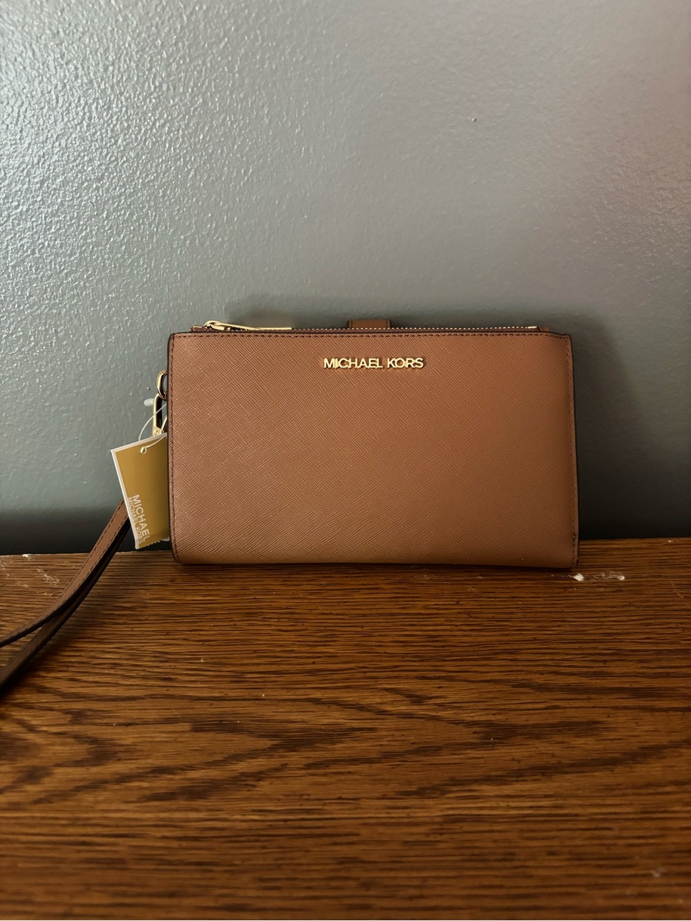 Michael Kors Tan/Brown Saffiano Zip Wristlet with Gold Logo